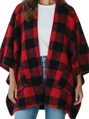 Muk Luks Buffalo Plaid Poncho Cardigan Red Black Fleece Wrap L